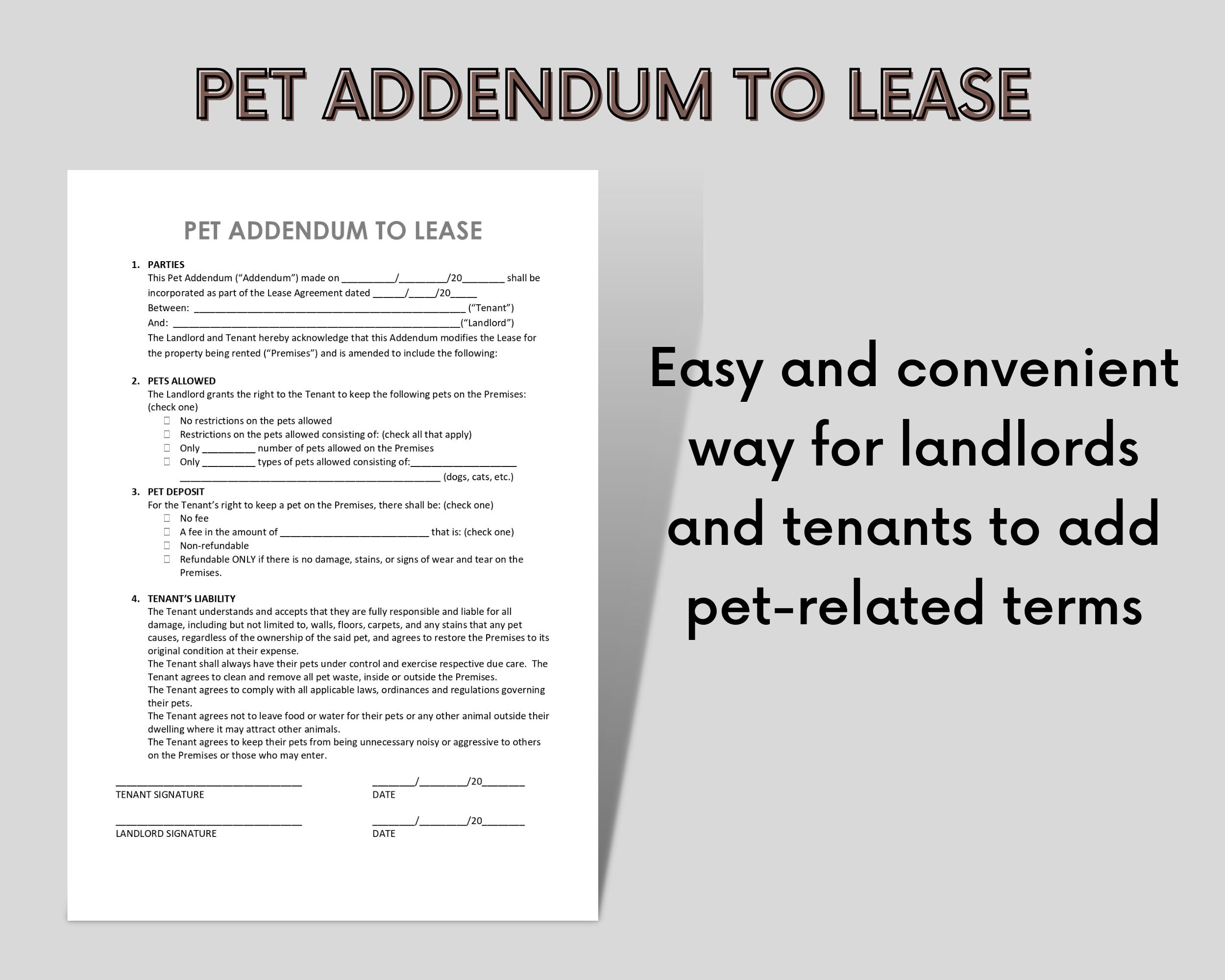 Pet Addendum to Lease Agreement Tenant Pet Restriction Editable MS Word