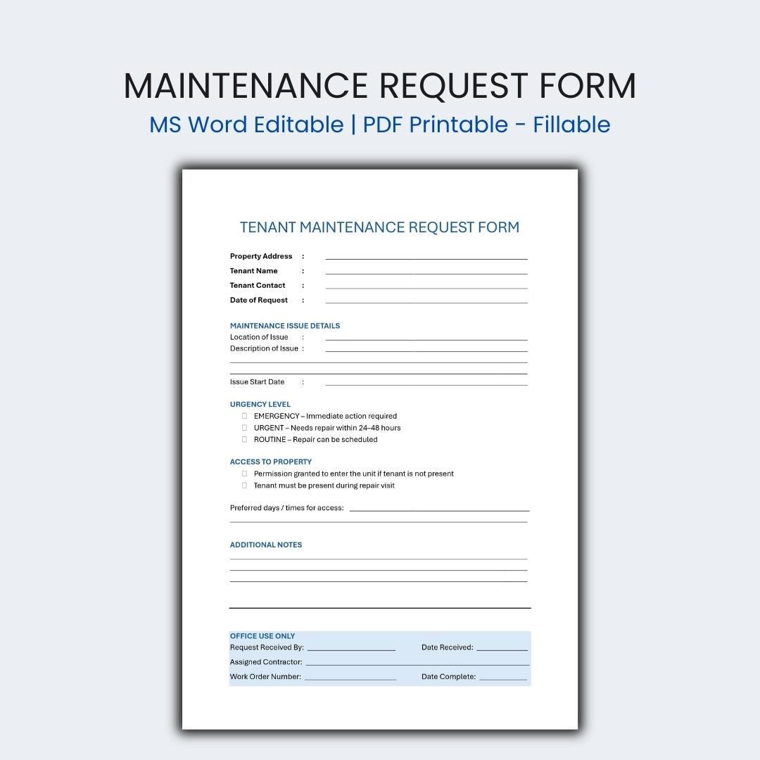 Editable Maintenance Request Form, Tenant Repair Log [MS Word & PDF] - Etsy