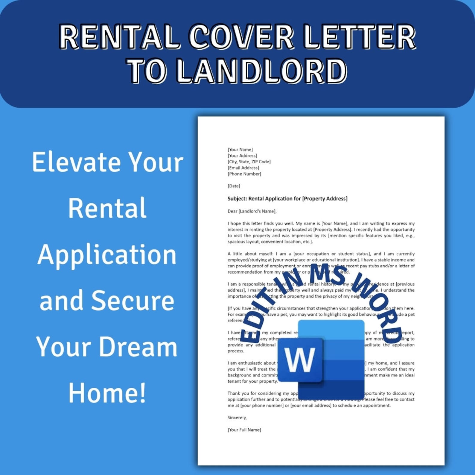 Rental Application Cover Letter | Editable MS Word Template - Etsy