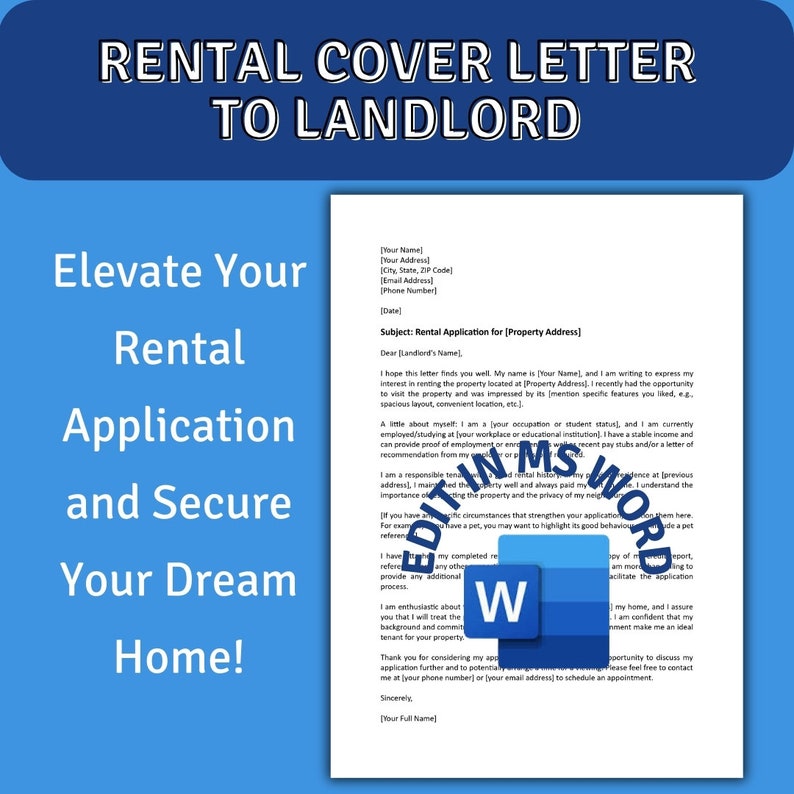 Rental Application Cover Letter Editable MS Word Template Tenant Letter to Landlord Instant
