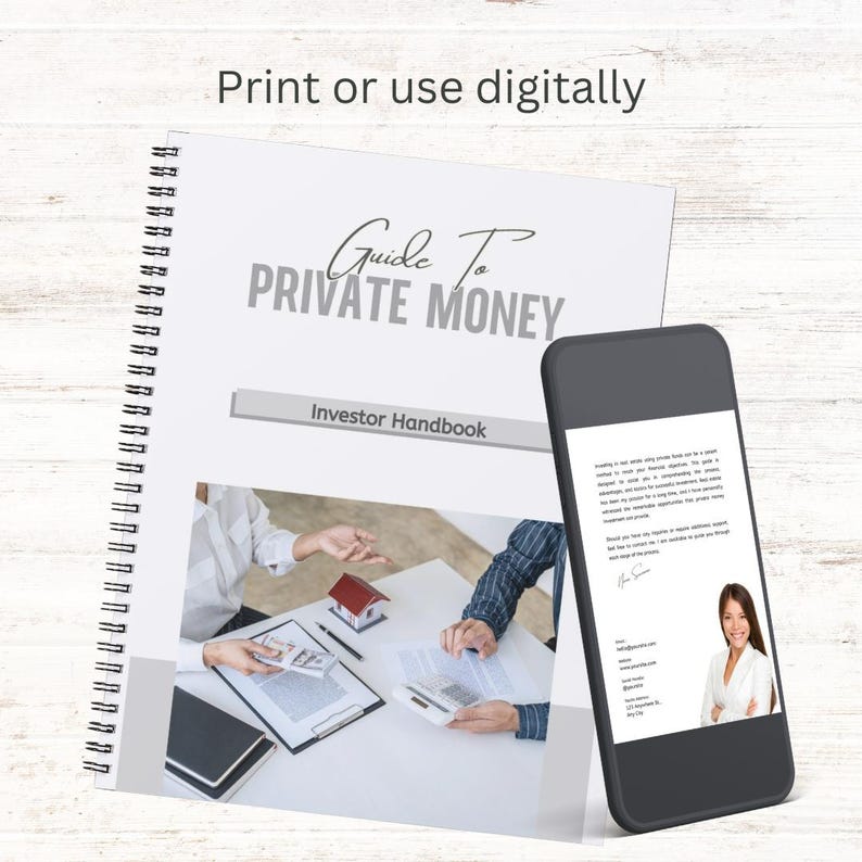 May include: A white and gray guide titled "Guide To Private Money Investor Handbook" with a photo of two people sitting at a table reviewing documents. A gray smartphone with a white screen is next to the guide.