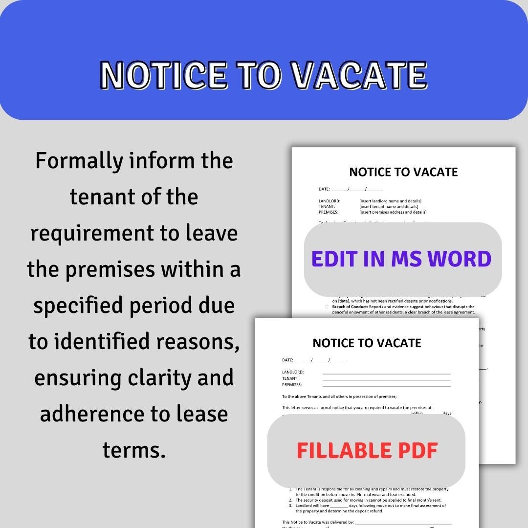 Landlord Notice to Vacate to Tenant Eviction Notice Editable MS Word Template Printable Instant ...