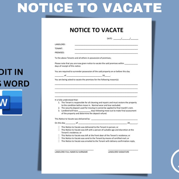 Landlord Notice To Vacate To Tenant | Eviction Notice | Editable MS Word Template | Printable Instant Download | Notice To Vacate Letter