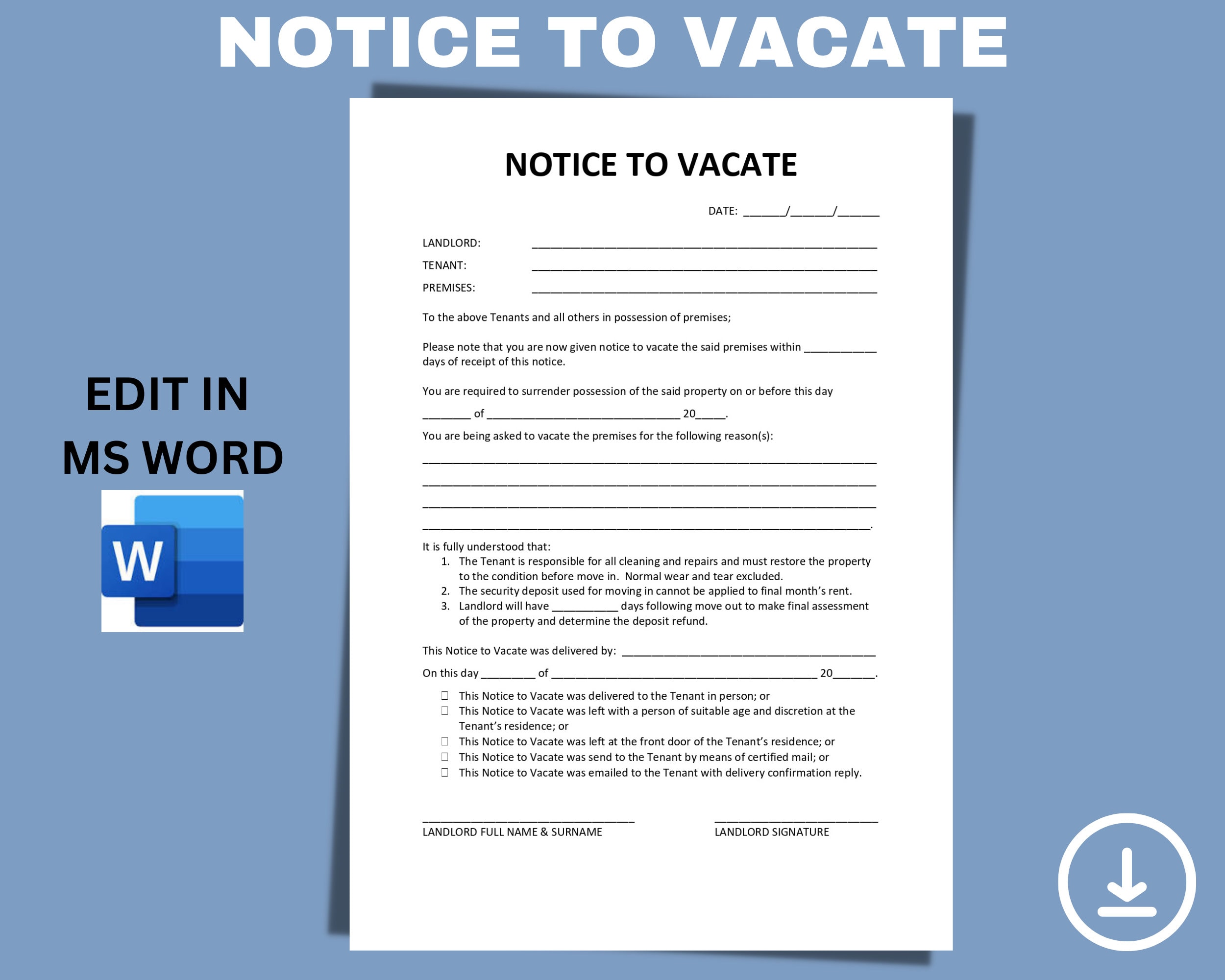 Landlord Notice to Vacate to Tenant Eviction Notice Editable MS Word Landlord Notice to Vacate to Tenant Eviction Notice Editable MS Word