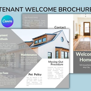 Puede incluir: Un folleto de bienvenida para nuevos inquilinos con un esquema de color gris y blanco. El folleto incluye información sobre métodos de pago, tarifas por retraso, mantenimiento, política de mascotas y procedimientos de mudanza. El folleto también presenta una foto de una casa y un mensaje de bienvenida.