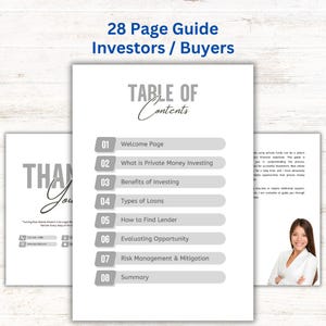 May include: A 28-page guide for investors and buyers titled "28 Page Guide Investors / Buyers". The guide includes a table of contents with topics such as "Welcome Page", "What is Private Money Investing", "Benefits of Investing", "Types of Loans", "How to Find Lender", "Evaluating Opportunity", "Risk Management & Mitigation", and "Summary".