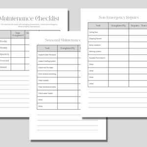 Puede incluir: Una lista de verificaci&oacute;n imprimible para gestionar el mantenimiento preventivo, rutinario y de emergencia de las propiedades de alquiler. La lista de verificaci&oacute;n incluye secciones para tareas semanales, mensuales, trimestrales, estacionales y anuales, as&iacute; como reparaciones no urgentes.