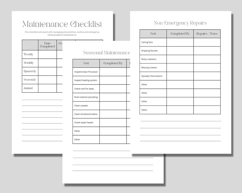 Puede incluir: Una lista de verificaci&oacute;n imprimible para gestionar el mantenimiento preventivo, rutinario y de emergencia de las propiedades de alquiler. La lista de verificaci&oacute;n incluye secciones para tareas semanales, mensuales, trimestrales, estacionales y anuales, as&iacute; como reparaciones no urgentes.