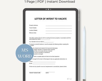Tenant Intent to Vacate Notice | End of Lease Letter (Fillable PDF, MS Word)