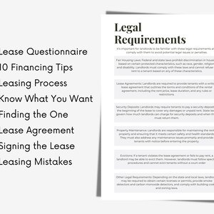 May include: A list of legal requirements for landlords, including fair housing laws, lease agreements, security deposits, property maintenance, evictions, and other legal requirements. The text highlights the importance of landlords being familiar with these requirements to avoid potential legal issues or penalties.
