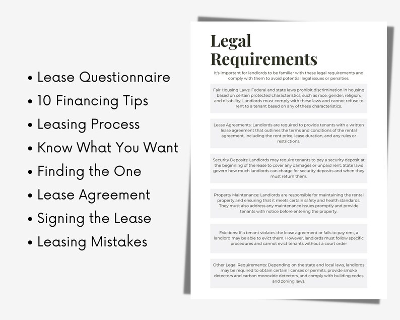 May include: A list of legal requirements for landlords, including fair housing laws, lease agreements, security deposits, property maintenance, evictions, and other legal requirements. The text highlights the importance of landlords being familiar with these requirements to avoid potential legal issues or penalties.