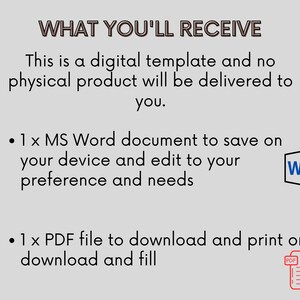 Pu&ograve; includere: Immagine con testo: "COSA RICEVERAI". Indica che si tratta di un modello digitale e che non verr&agrave; consegnato alcun prodotto fisico. Include un documento MS Word e un file PDF da scaricare e stampare o compilare.