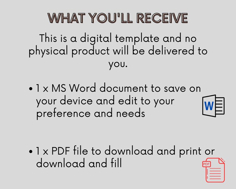Pu&ograve; includere: Immagine con testo: "COSA RICEVERAI". Indica che si tratta di un modello digitale e che non verr&agrave; consegnato alcun prodotto fisico. Include un documento MS Word e un file PDF da scaricare e stampare o compilare.