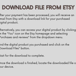 Puede incluir: Instrucciones sobre c&oacute;mo descargar un producto digital comprado en Etsy. El texto explica c&oacute;mo acceder al enlace de descarga en un correo electr&oacute;nico o a trav&eacute;s del sitio web de Etsy.