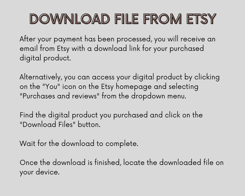 Puede incluir: Instrucciones sobre c&oacute;mo descargar un producto digital comprado en Etsy. El texto explica c&oacute;mo acceder al enlace de descarga en un correo electr&oacute;nico o a trav&eacute;s del sitio web de Etsy.