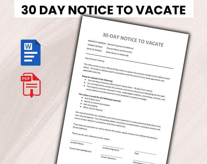 Landlord Notice to Vacate to Tenant | 30 Day Notice Template | Editable ...