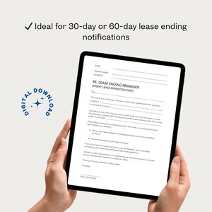 May include: A digital download of a lease ending reminder template on a tablet. The text includes "RE: LEASE ENDING REMINDER" and "Ideal for 30-day or 60-day lease ending notifications."