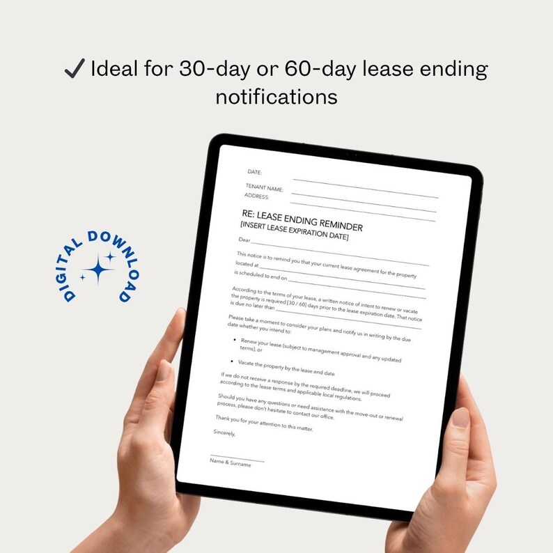 May include: A digital download of a lease ending reminder template on a tablet. The text includes "RE: LEASE ENDING REMINDER" and "Ideal for 30-day or 60-day lease ending notifications."