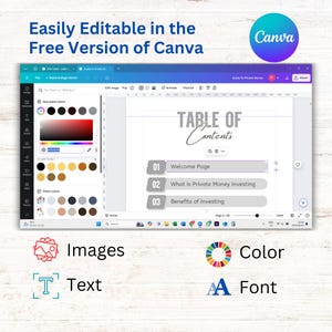 May include: A screenshot of a Canva design template for a table of contents. The template is gray with a white background and features a title that says "Table of Contents" in a handwritten font. The template includes three numbered items: "Welcome Page", "What is Private Money Investing", and "Benefits of Investing". The template is easily editable in the free version of Canva.
