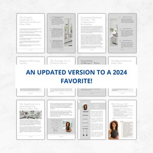May include: A collage of eight pages of a guide for navigating the emotional currents of divorce and the temptation of retribution. The guide includes topics such as the complex landscape of motivation in divorce home sales, the strategic art of pricing in divorce, negotiating challenges when handling emotions in home sales, and the significance of a neutral agent in divorce home sales. The guide also includes a headshot of the author, Vicky Stone, a real estate agent.