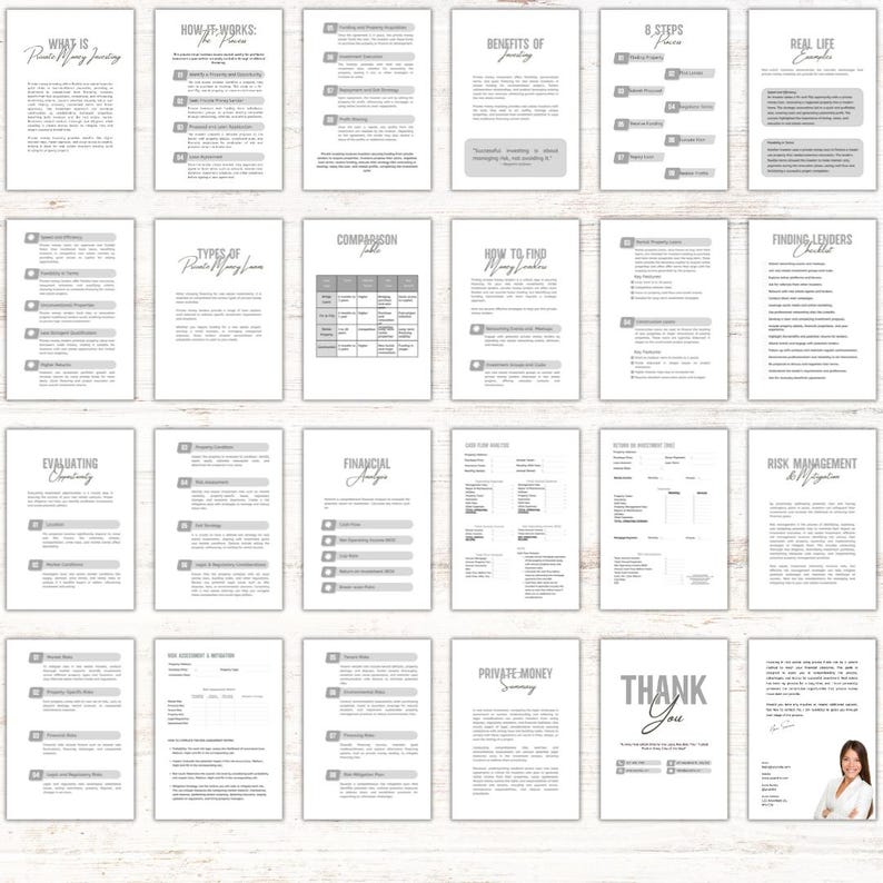 May include: A black and white guide with the title "Private Money" and sections on how it works, benefits, steps, real life examples, types of private money lenders, comparison table, how to find money lenders, evaluating credibility, financial analysis, risk management, and private money summary.