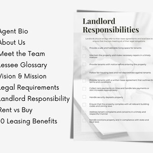 May include: A checklist of landlord responsibilities, including providing a safe and habitable living space, maintaining the property, following fair housing laws, and handling security deposits properly.