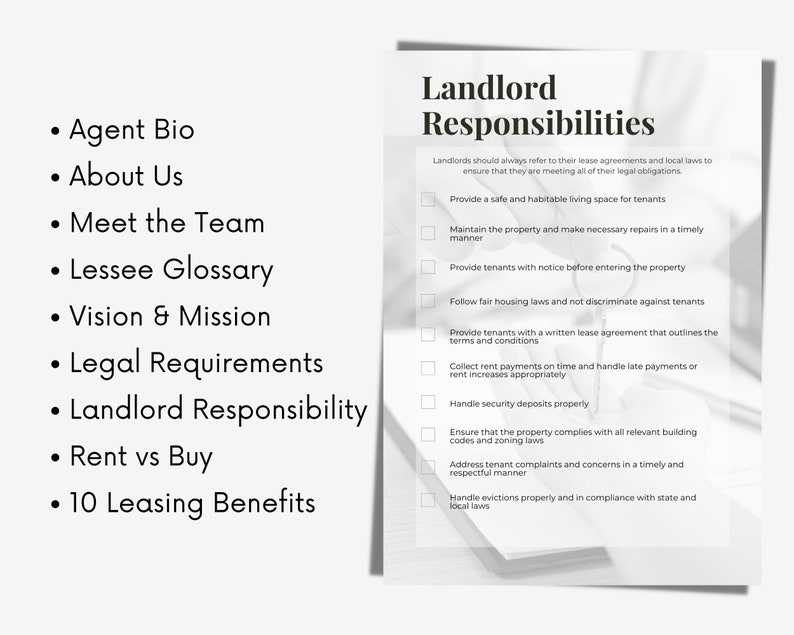 May include: A checklist of landlord responsibilities, including providing a safe and habitable living space, maintaining the property, following fair housing laws, and handling security deposits properly.