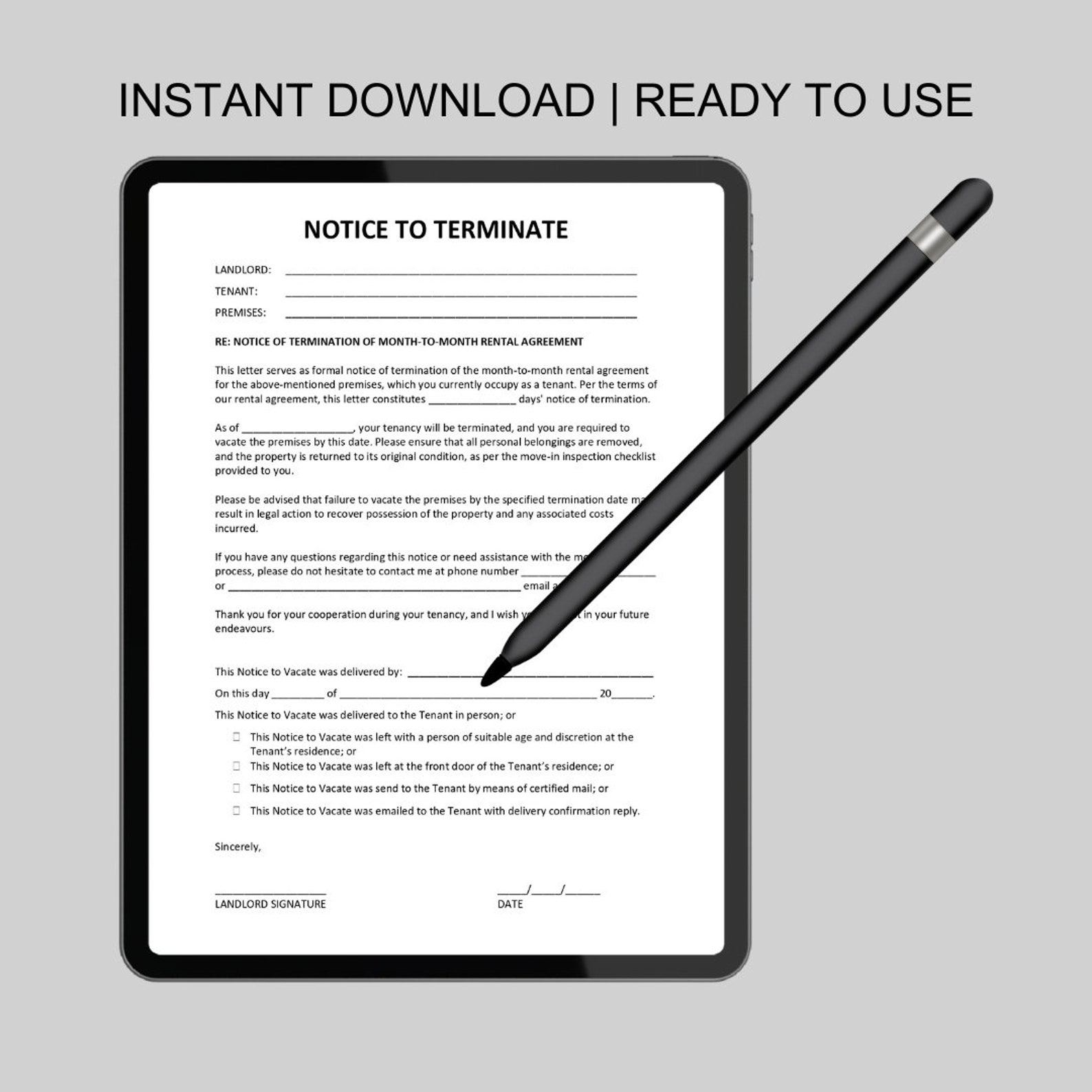 Landlord Notice to Vacate to Tenant Eviction Notice Editable MS Word Template Month to