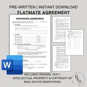 Roommate Agreement | Weekly Lease Agreement | Monthly Lease Agreement | Rent Room | Editable MS Word Template | Instant Download
