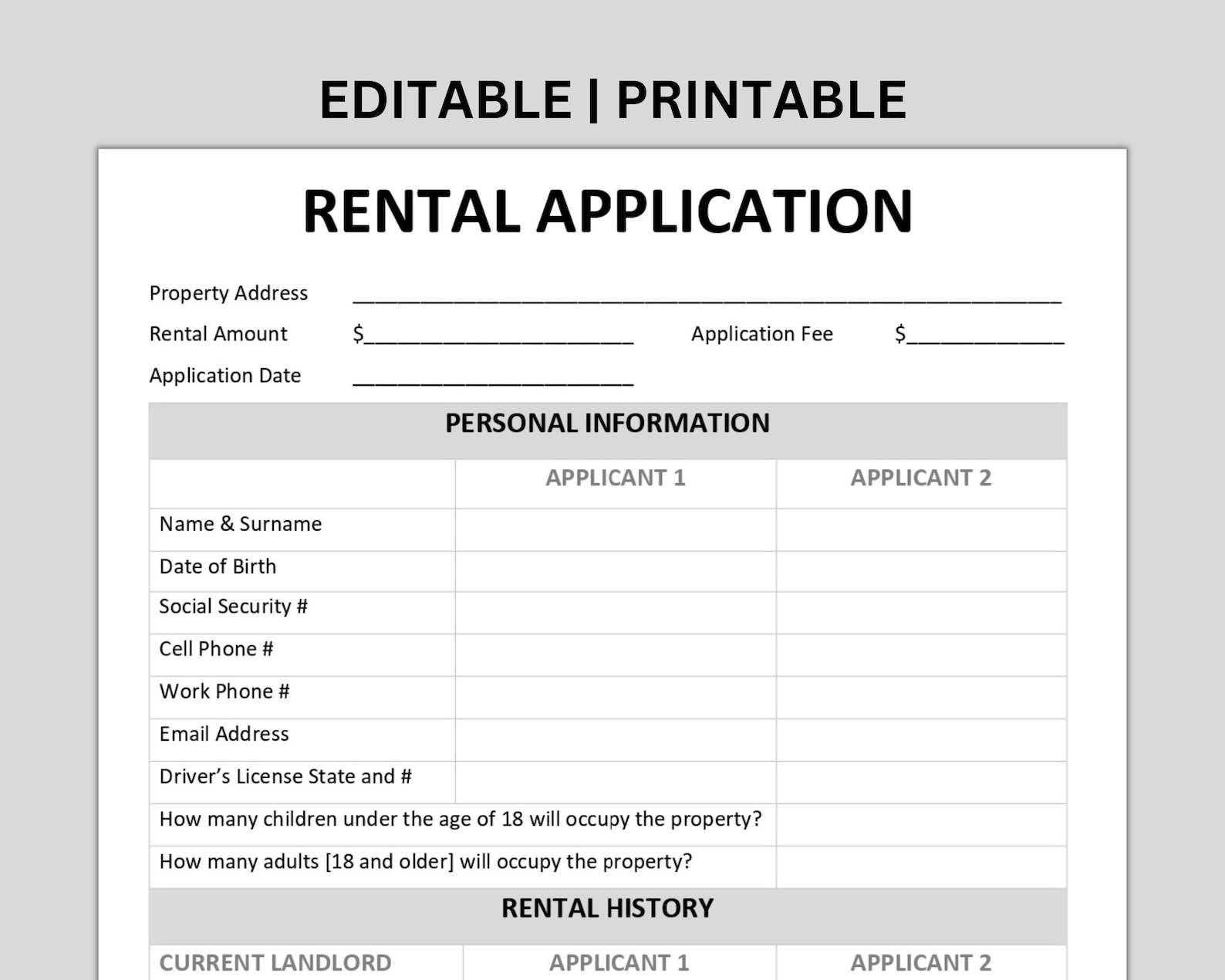 Tenant Rental Application Form, Printable Editable MS Word Template - Etsy