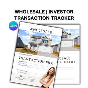 May include: A white transaction file with the word "WHOLESALE" at the top. The file includes fields for property address, client name, and contact details. The image also features a woman and the text "TRANSACTION TRACKER".