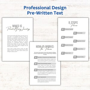 May include: A gray and white infographic explaining the process of private money investing. The infographic includes the steps involved in finding a property, finding a lender, submitting a proposal, negotiating terms, receiving funding, executing a plan, repaying the loan, and realizing profits.