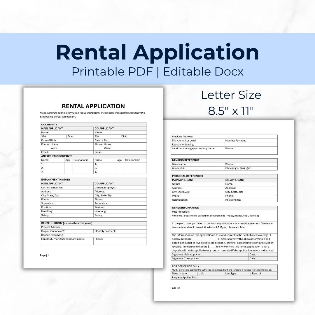 Rental Application Form Template: Tenant Screening Document, Property ...