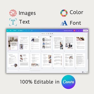 Puede incluir: Una captura de pantalla de un documento de Canva titulado "Gu&iacute;a del propietario ausente". El documento est&aacute; dividido en 14 p&aacute;ginas, cada una con una secci&oacute;n diferente de la gu&iacute;a. El documento es 100% editable en Canva.