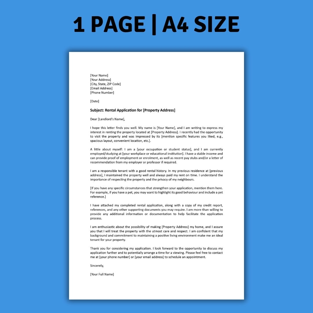 Rental Application Cover Letter Editable MS Word Template Tenant Letter to Landlord Instant