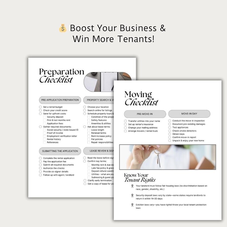 Puede incluir: Una lista de verificaci&oacute;n para propietarios e administradores de propiedades para ayudarlos a prepararse para nuevos inquilinos. La lista de verificaci&oacute;n incluye secciones para la preparaci&oacute;n previa a la solicitud, la b&uacute;squeda de propiedades, la revisi&oacute;n del contrato de arrendamiento, la mudanza previa, el d&iacute;a de la mudanza y los derechos de los inquilinos. La lista de verificaci&oacute;n est&aacute; dise&ntilde;ada para ayudar a los propietarios e administradores de propiedades a ganar m&aacute;s inquilinos.