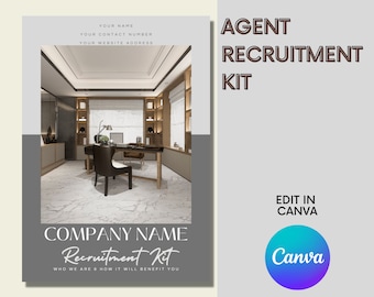 May include: A recruitment kit template for real estate agents. The template features a modern office interior with a desk, chair, and bookshelves. The text "AGENT RECRUITMENT KIT" is displayed in a large font at the top of the template. The text "COMPANY NAME Recruitment Kit" is displayed at the bottom of the template. The text "WHO WE ARE & HOW IT WILL BENEFIT YOU" is displayed below the company name. The text "EDIT IN CANVA" is displayed in the bottom right corner of the template. The Canva logo is displayed below the text.