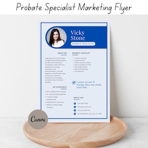 Puede incluir: Un folleto de marketing azul y blanco para un especialista en sucesiones, con una foto de Vicky Stone. El folleto incluye secciones sobre experiencia, una lista de verificación de sucesiones e información de contacto. El logotipo de Canva es visible.