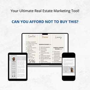 May include: A laptop screen displays a comparison of three real estate marketing packages: Essential, Premier, and Luxury. Each package lists features and benefits, with the Essential package offering a 5% discount. The laptop is on a white surface.