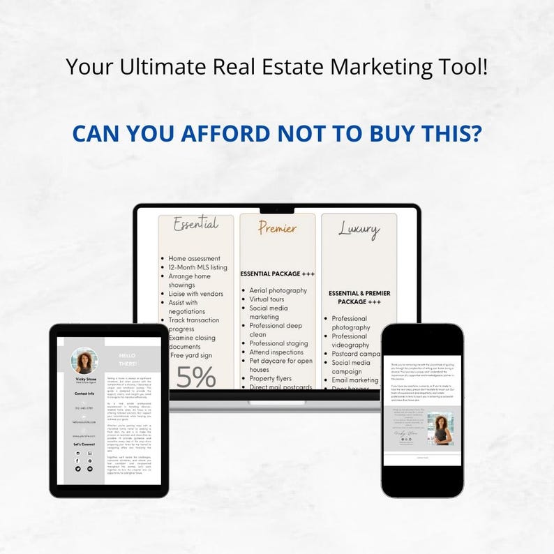 May include: A laptop screen displays a comparison of three real estate marketing packages: Essential, Premier, and Luxury. Each package lists features and benefits, with the Essential package offering a 5% discount. The laptop is on a white surface.