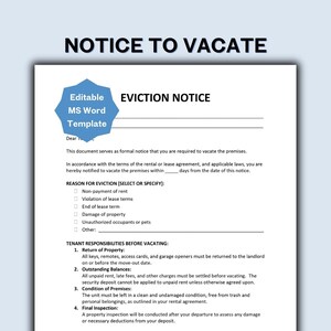 Landlord Eviction Notice to Tenant | Editable MS Word Template | Notice to Vacate Letter | Printable Eviction Form PDF | Vacate Premises