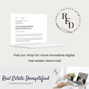 May include: A white laptop displays a lease ending reminder document. The image includes the text "Real Estate Demystified" and "Visit our shop for more innovative digital real estate resources!" A circular logo with the letters "R" and "D" is also visible.
