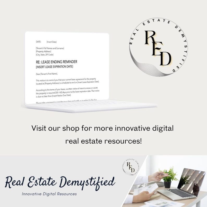 May include: A white laptop displays a lease ending reminder document. The image includes the text "Real Estate Demystified" and "Visit our shop for more innovative digital real estate resources!" A circular logo with the letters "R" and "D" is also visible.