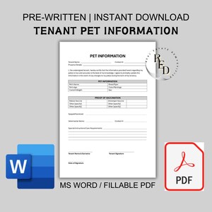 Pet Information Addendum To Lease Agreement | Tenant Pet Restriction | Editable MS Word | Instant Download | Property Management Pet