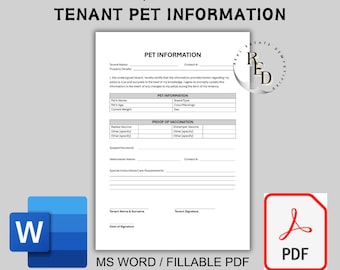 Pet Information Addendum To Lease Agreement | Tenant Pet Restriction | Editable MS Word | Instant Download | Property Management Pet