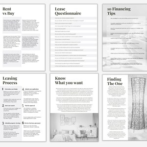 May include: A black and white infographic with tips for renting or buying a home. The infographic includes sections on renting vs buying, the leasing process, knowing what you want in a home, financing tips, and finding the right property.