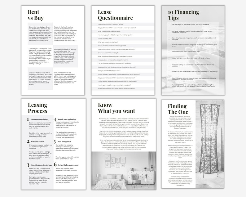 May include: A black and white infographic with tips for renting or buying a home. The infographic includes sections on renting vs buying, the leasing process, knowing what you want in a home, financing tips, and finding the right property.