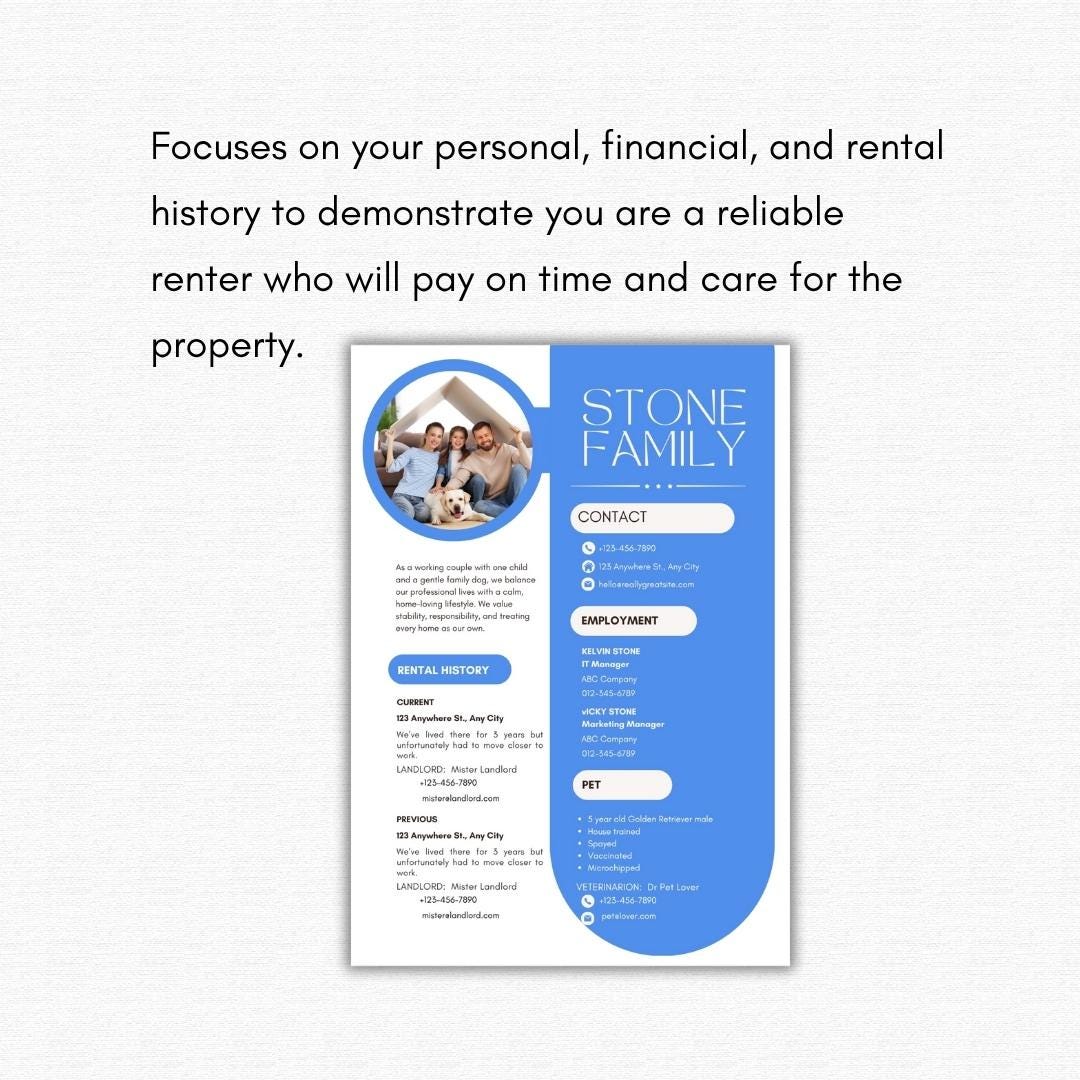 Rental Resume Template - 1 Page Canva Editable Tenant Application CV ...