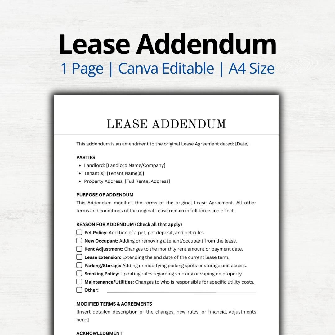 Lease Addendum Template Canva Editable | Rental Agreement Amendment ...