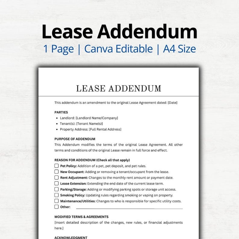 Addendum Text Box Lease Addendum Template Canva Editable | Rental Agreement Amendment ...